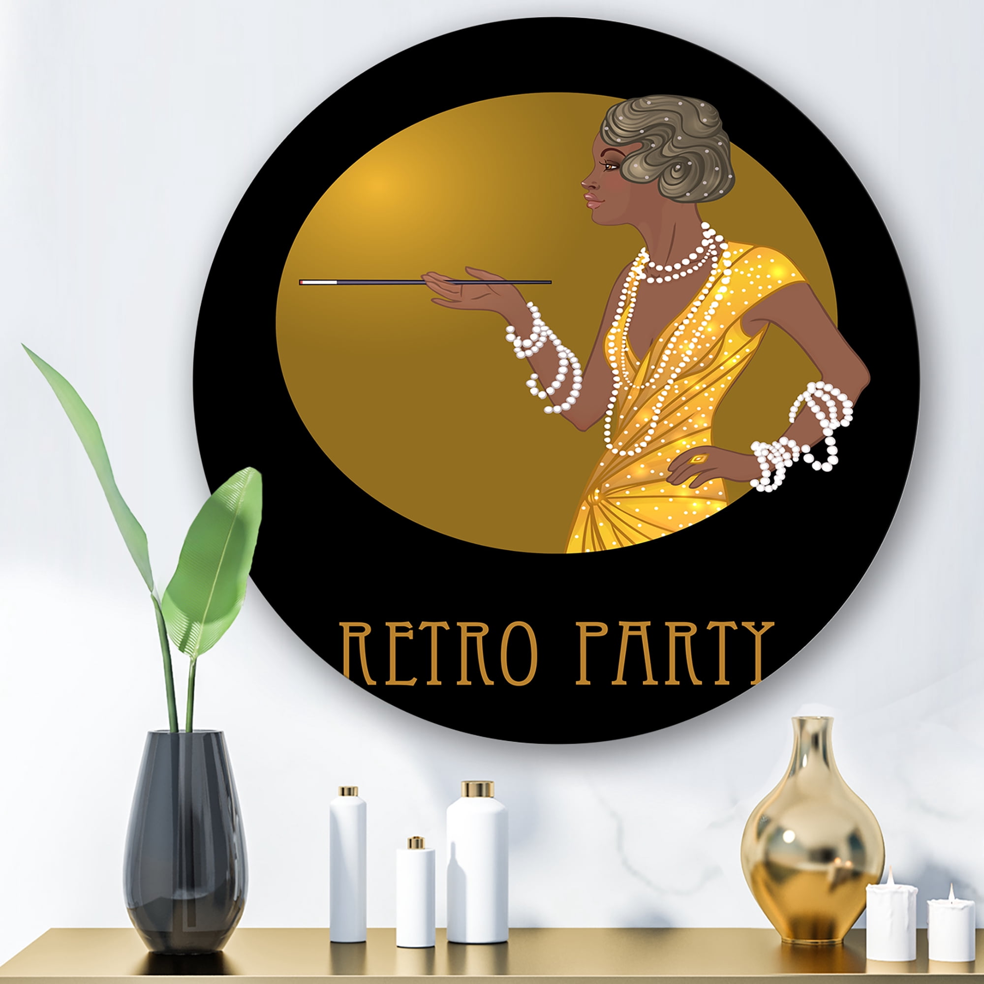 Designart 'Retro Fashion Glamour Afro American Woman' Modern Circle Metal Wall Art 23x23 - Disc of 23