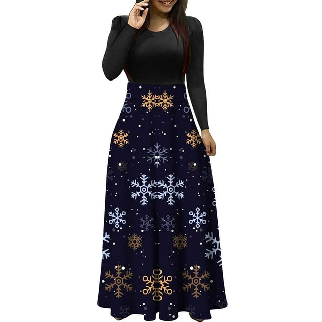 Robes pour Femmes 2022 Noël Col Rond Manches Longues Patchwork Imprimé Robe Longue Ligne A Robe d'Automne pour Dames