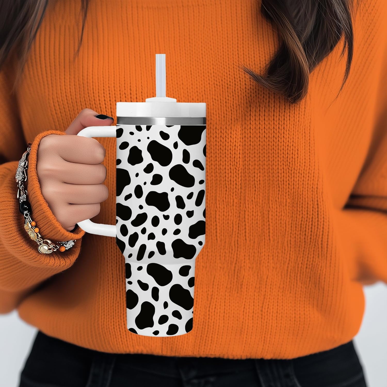 40 OZ Cow Print Tumbler with Handle.Unique Birthday Christmas Gifts for cowprint lover.Personalized 40 OZ Cow Print Tumbler Gifts for Women Men.
