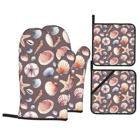 

Oven Mitts and Pot Holders Sets 4 pcs - Conch Starfish Shell Heat Resistant Silicone Oven Gloves with Non-Slip Silicone Surface and hot pads for kitchen Baking Cooking BBQ