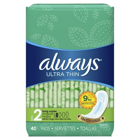 Always Ultra Thin, Size 2, Super Pads Without Wings, Unscented, 40 Count