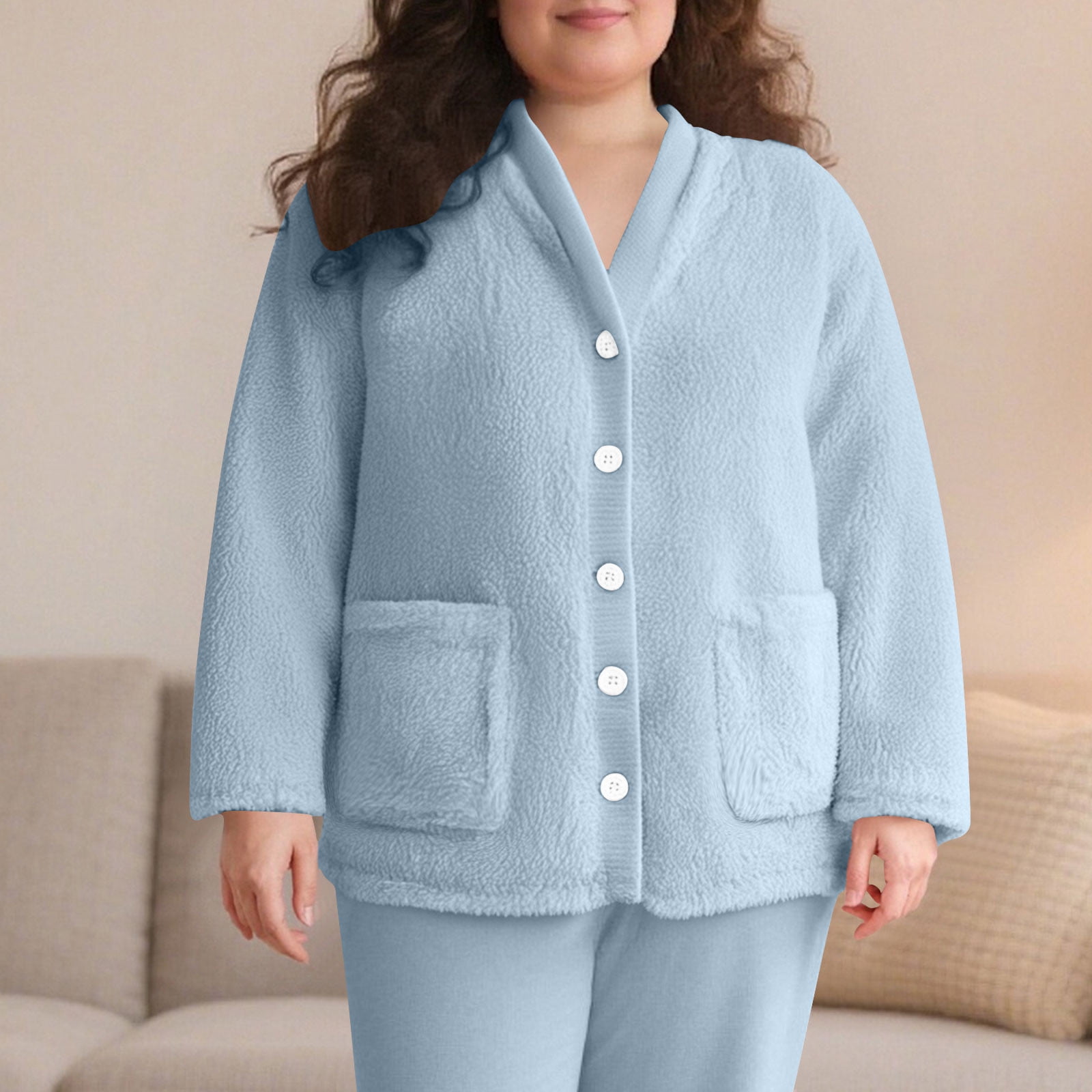 Women's Plus Size Plush Pajamas Winter Warm Double-Faced Fleece Bed Jacket Home Cardigan Pajamas With Pocket