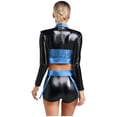 thumbnail image 2 of YiZYiF Womens 2 Piece Metallic Shiny Rave Outfits Long Sleeve Crop Top with Booty Shorts Clubwear Blue L, 2 of 6