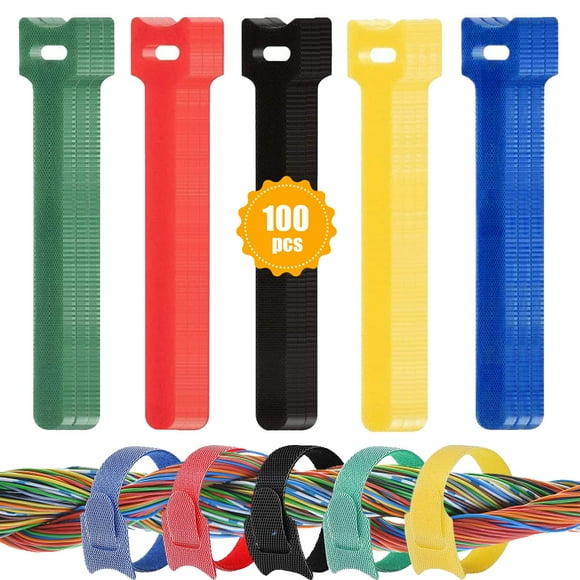 100Pcs Velcro Cable Ties Reusable, Fastening Cable Tie Straps Adjustable Releasable Hook and Loop Wire Ties for Computer Electronics Home Office Wire Cable Management Organiser- 150mm x 12mm, 5 Colors