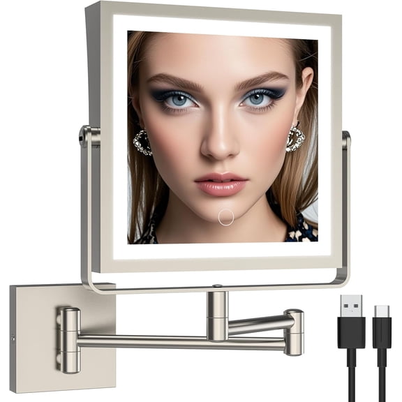 Rechargeable Wall Mounted Makeup Mirror with Lights, Double Sided 1X/10X Magnifying Vanity Mirror with 3 Color Light, Touch Screen Dimmable, 360° Rotation Extension Foldable Arm(Brushed Nickel)
