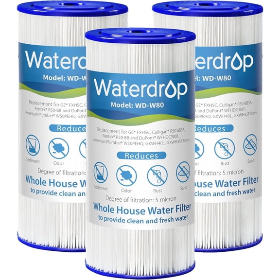 Waterdrop W50PEHD Whole House Water Filter, Replacement for American Plumber, W10-PR, Culligan® R50-BBSA, GE ®FXHSC, GXWH40L, GXWH35F, 5 Micron, 10" x 4.5", High Flow Sediment Filters, Pack of 3