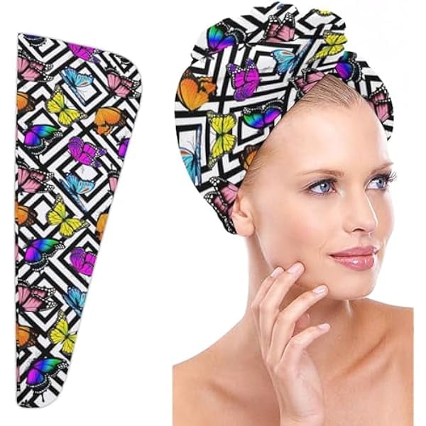 wonima11 Super Absorbent Quick Dry Microfiber Hair Towel with Button Hands Free, 10 x 26 Inches Ultra-Soft Anti Frizz Dry Hair Turban Butterfly Square 1PCS