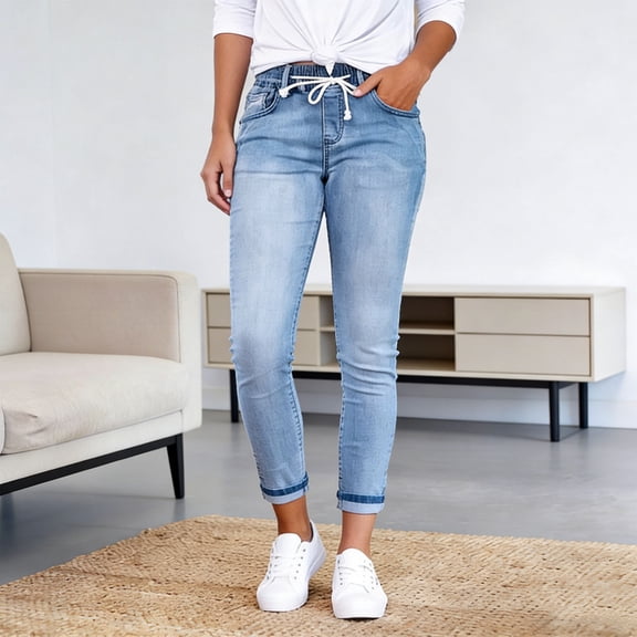 Zulora Women's High Waisted Drawstring Jeans Loose Tapered Ankle Length Denim Pants with Pockets Casual Elastic Waist Trousers