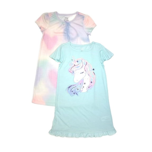 Carter's Girl's Unicorn Mint Green and Hearts Tie-Dye Nightgown Gowns Set, Large 12-14