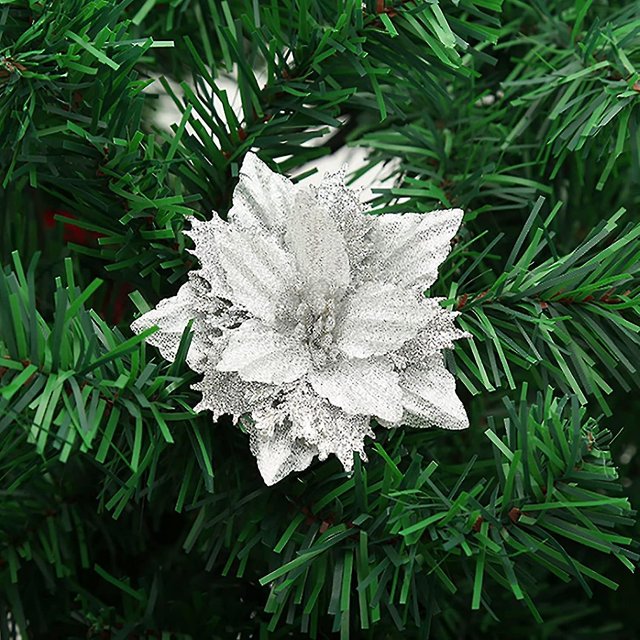 Paquete de 12 flores de Pascua artificiales para decoración de árbol de Navidad con purpurina de doble capa con plata