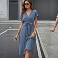 thumbnail image 6 of CIENVNSTG Midi Dresses for Women Formal Mid Length Dresses a Line Vestidos Slim Fit V Neck Short Sleeve Tight Waist Elegant Splice Lace Up Bow Summer Dress Cover Up Formal Sky Blue S, 6 of 7