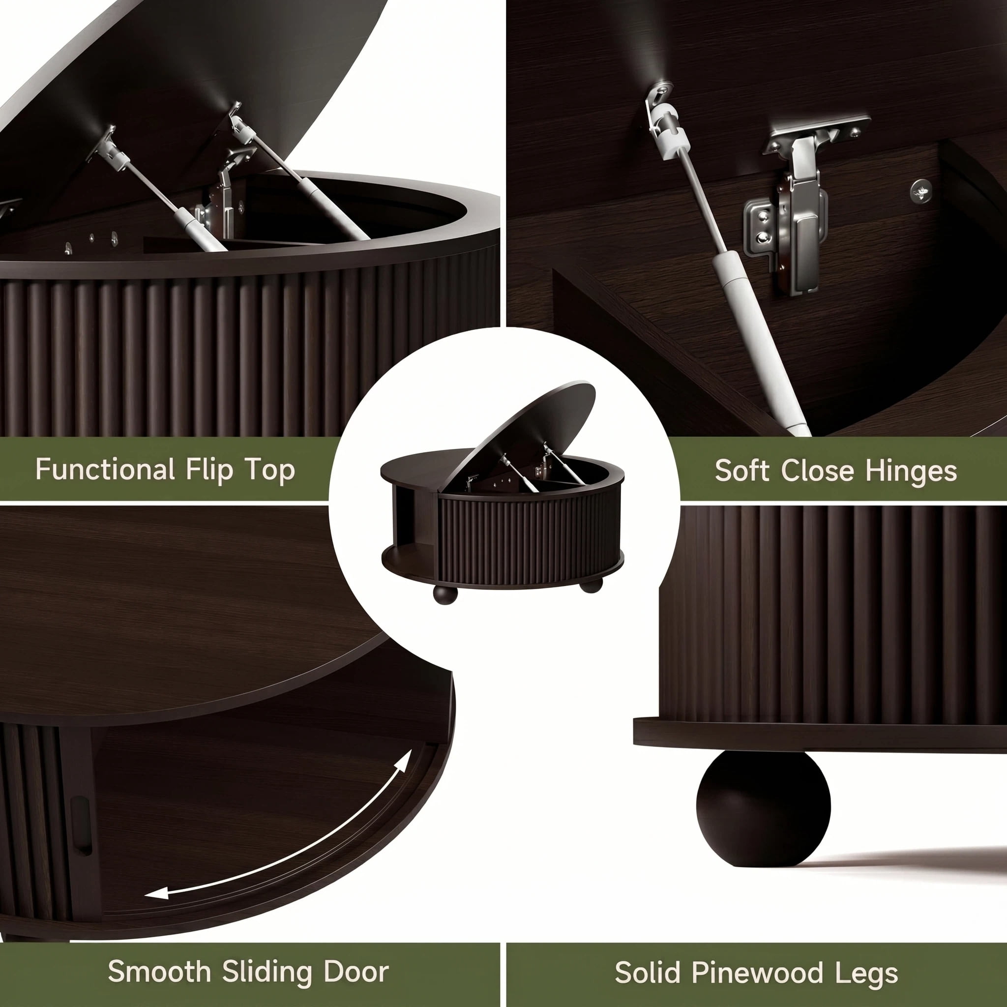 AISWORD 31.5" Fluted Round Coffee Table with Storage, Mid Century Modern Lift Top Drum Accent Table for Living Room Small Space, Brown