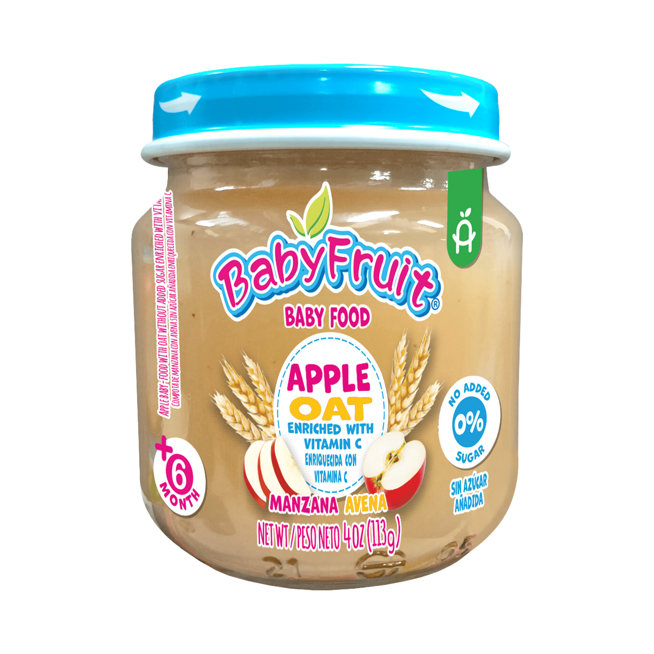 Baby Fruit, Stage 1 Baby Food, Apple & Oats, 4oz, Shelf Stable, Glass Jar
