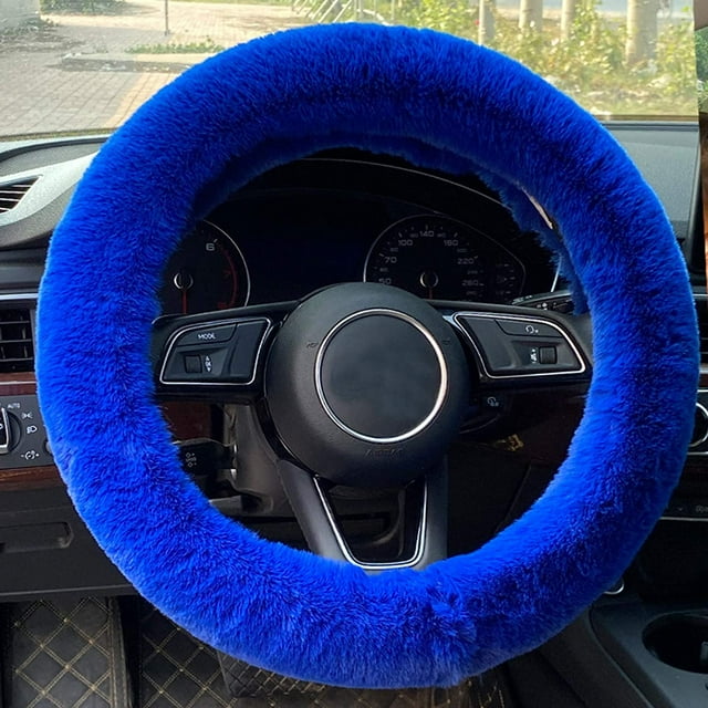 Fluffy Steering Wheel Cover for Women Fuzzy Steering Wheel Cover Winter Warm Faux Wool Plush Car Wheel Cover Furry Steering Wheel Protector Universal Fit 15 Inch (Blue)