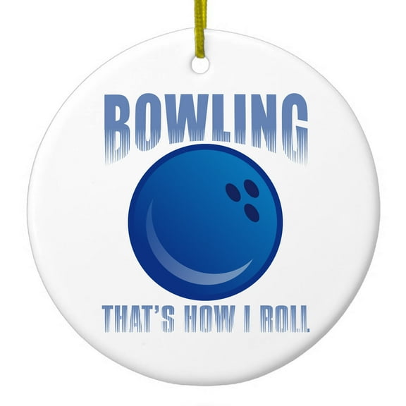 DistinctInk Hanging Ceramic Christmass Tree Ornament with Gold String - Great Gift / Present - 2 3/4 inch diameter - Bowling That's How I Roll