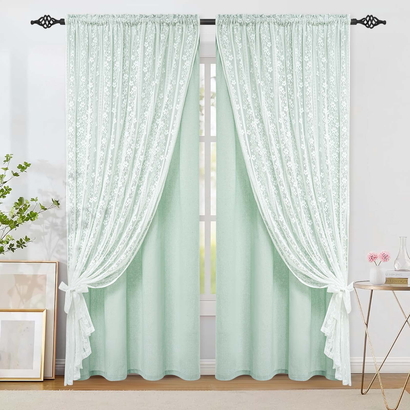 Alishomtll Teal Linen Curtains with Lace Sheer 84 Inches Long, Double Layer Light Filtering Window Drapes for Bedroom Living Room,W52 X L84,2 Panels