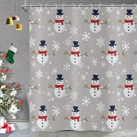 Christmas Shower Curtain, Cute Snowman Snowflake Pattern Lovely Grey Cartoon Winter Holiday Bath Curtain Waterproof Fabric with Hooks for Home Decor, 72Wx72H