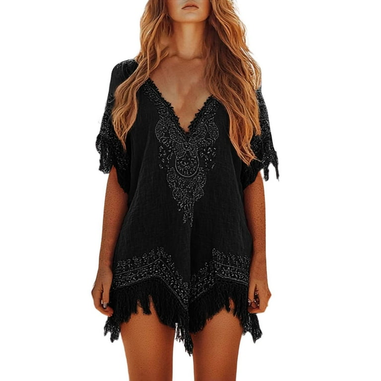 black embroidered beach dress Low V-Neckline Crepe Fit & Flare Wedding Dress