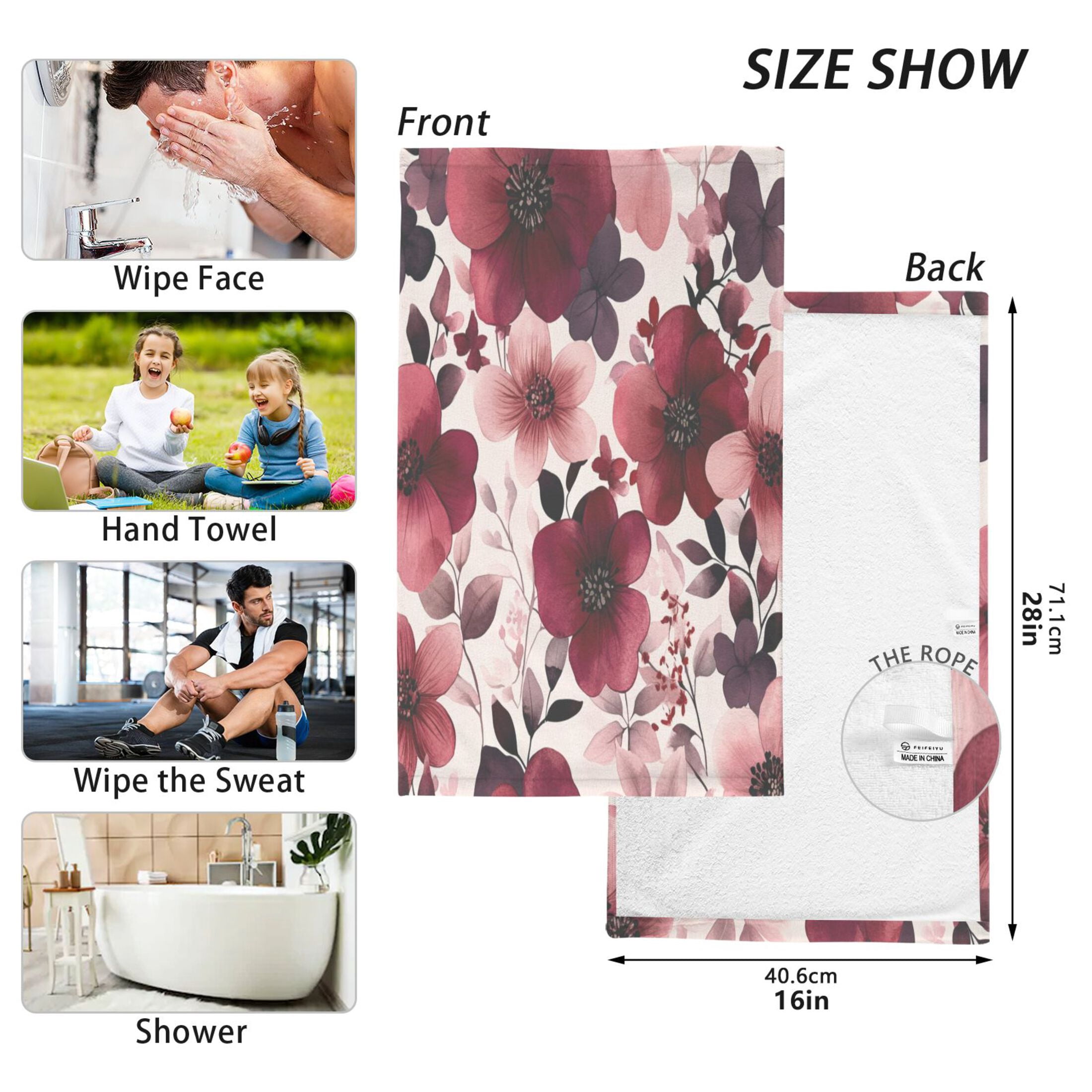 Cotton Towel Two-Piece 16x28 Inch One Sizex2 Face Towel Set Towel Set Cotton Hand Bath Towel Bathroom Beach Maroon Flowers
