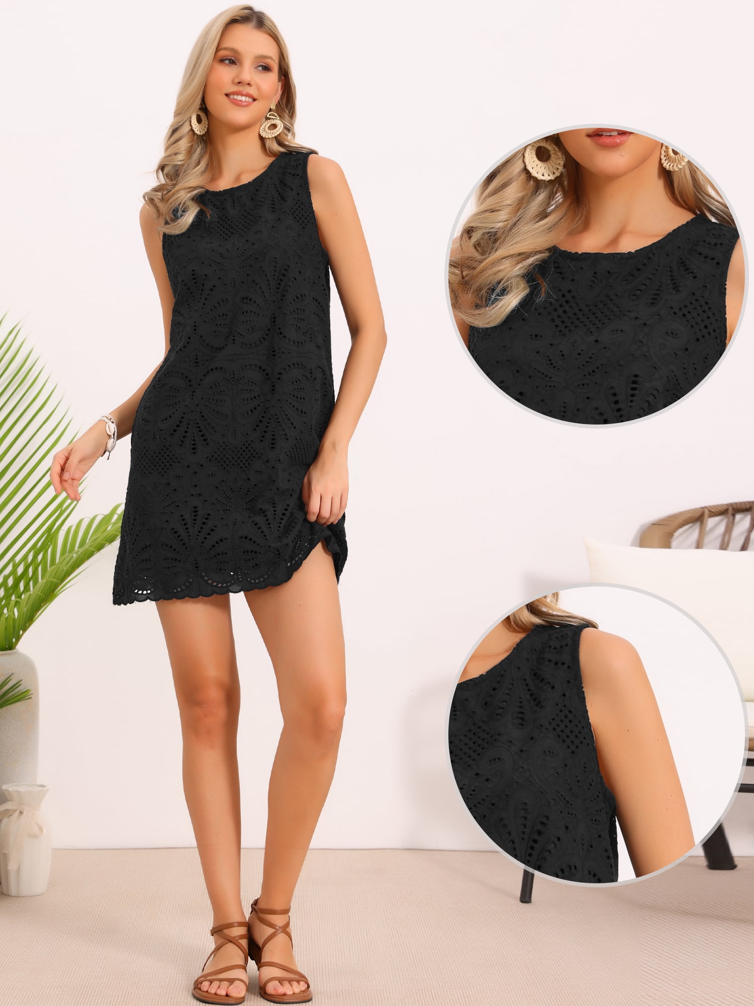 DARING DIVA Women's Eyelet Hollow Floral Lace Crew Neck Sleeveless Mini Dress XS Black