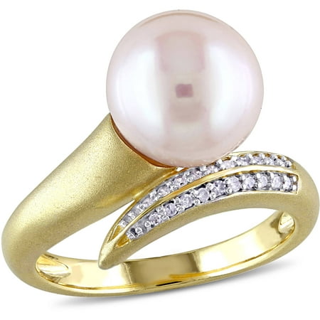 Miabella 9.5-10mm White Round Cultured Freshwater Pearl and 1/10 T.W. Diamond 10kt Yellow Gold Bypass Ring