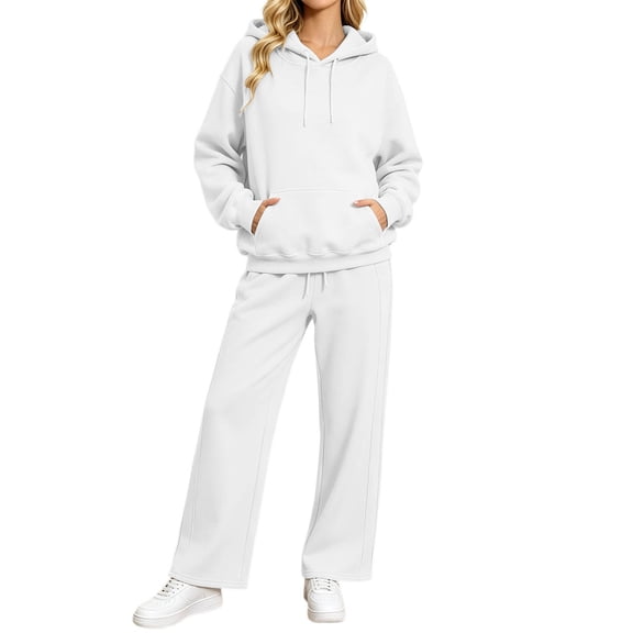 IWRICH Two Piece Sets for Women Cozy Winter Loungewear Set Wide Leg Pants Sweatshirt Lined Outfits White XL