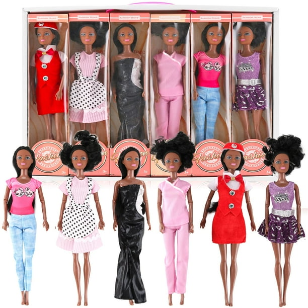 Juego de 6 muñecas de juguete negras afroamericanas – Muñecas de juego de rol de diversidad de estilo de moda premium de 11.5 pulgadas, paquete variado para niños, regalos de fiesta para niñas