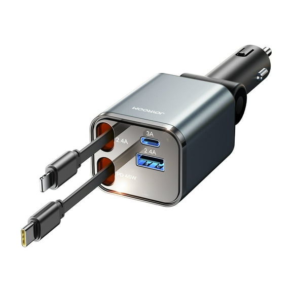 JOYROOM 4 in 1 Retractable Car Charger USB C, 84W Fast Charging Cigarette Lighter Adapter Car Phone Charger with L C Cables (2.6ft) for iPhone and Android, Dark Gray