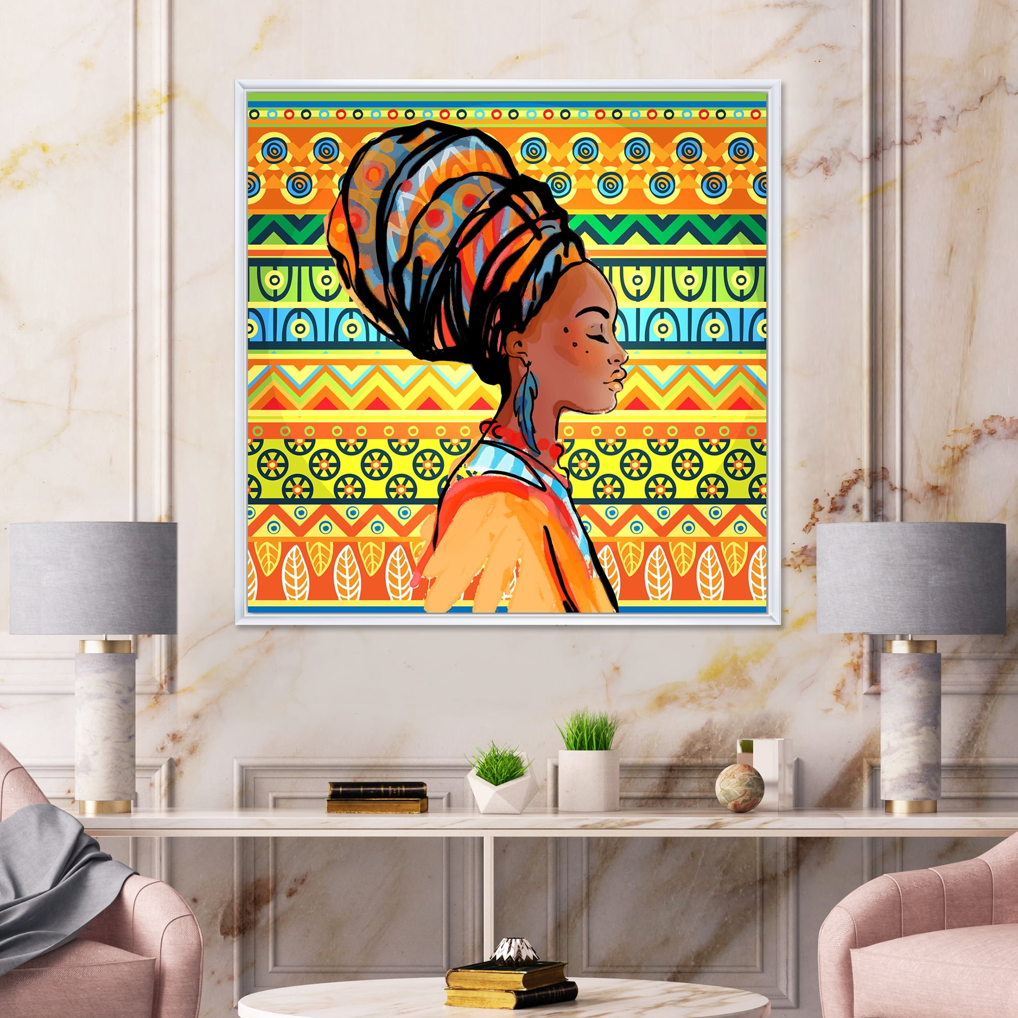 Designart 'African American Woman Portrait with Turban III' Modern Framed Canvas Wall Art Print