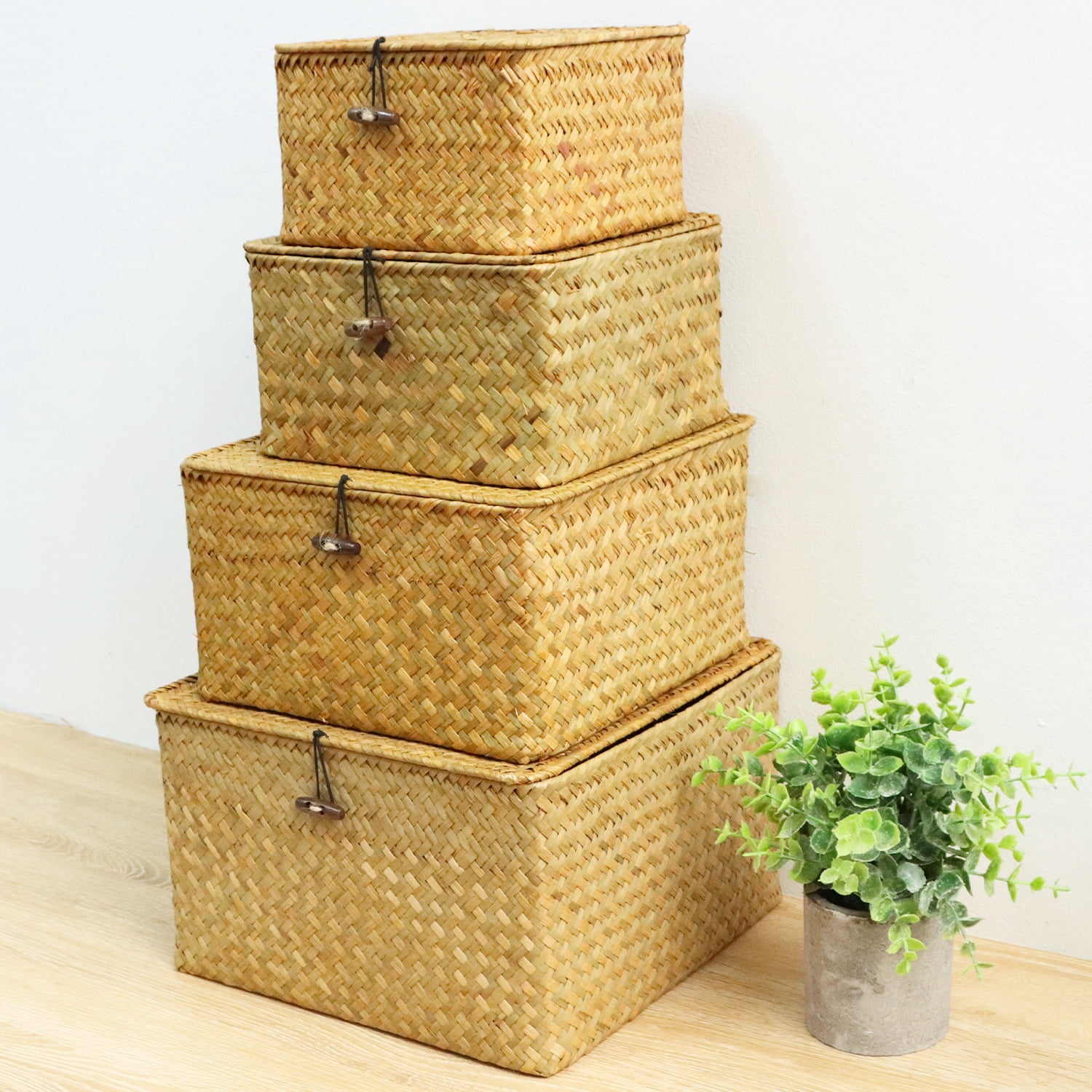 BlueMake 4Pcs Wicker Storage Baskets with Lids Seagrass Woven Baskets for Shelves Stackable Storage Boxes for Organizing Rattan Bins - Natural