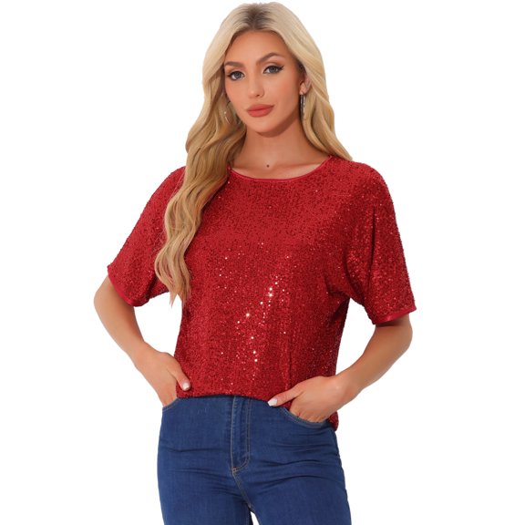 DARING DIVA Women's Costume Sequin Clubwear Blouses T-Shirts M Red