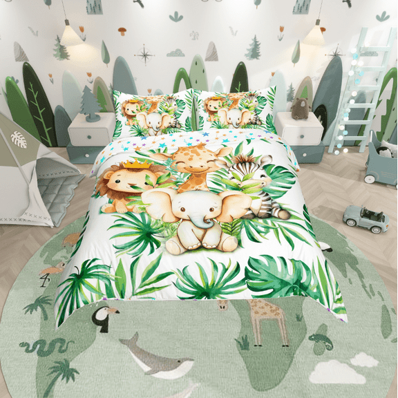 Erosebridal Elephant Lion Zebra Comforter Cover Twin,Tropical Leaves Bedding Twin Size,Cartoon Animal Duvet Cover Twin,Ultra Soft Kawaii Bedroom Decoration,Reversible,3pcs(No Comforter)
