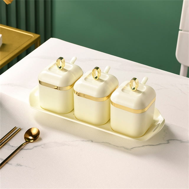 Sugar Container And Spoon Tray Porcelain Sugar Bowl Condiment Pot For Coffee Restaurant Housewarming Bar Gift Three Cans White