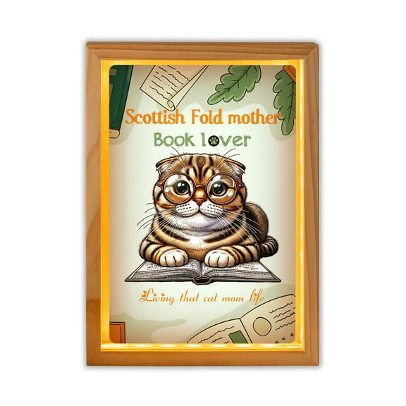 Scottish Fold Mother Book Lover Living That Cat Mom Life Happy Mother's Day Acrylic Plaque with Wood Photo Frame Box Cat Lover Kitten Owner Gifts Light Box - 03004