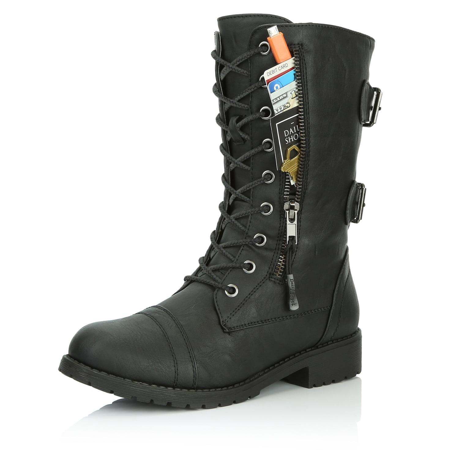 DailyShoes Buckle Combat Boots Men Women's Combat Booties Ankle Mid Calf  Zip Pocket Buckled Knee High Exclusive Credit Card Boots Black,pu,11,  Shoelace Style Solid Black - Walmart.com