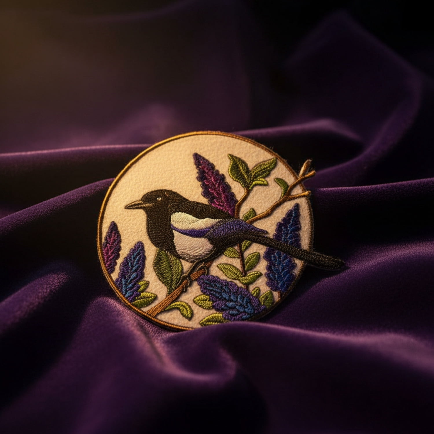 Black Billed Magpie and Lupine Circle Embroidered Iron on Patch [6.3" X 5.9"]