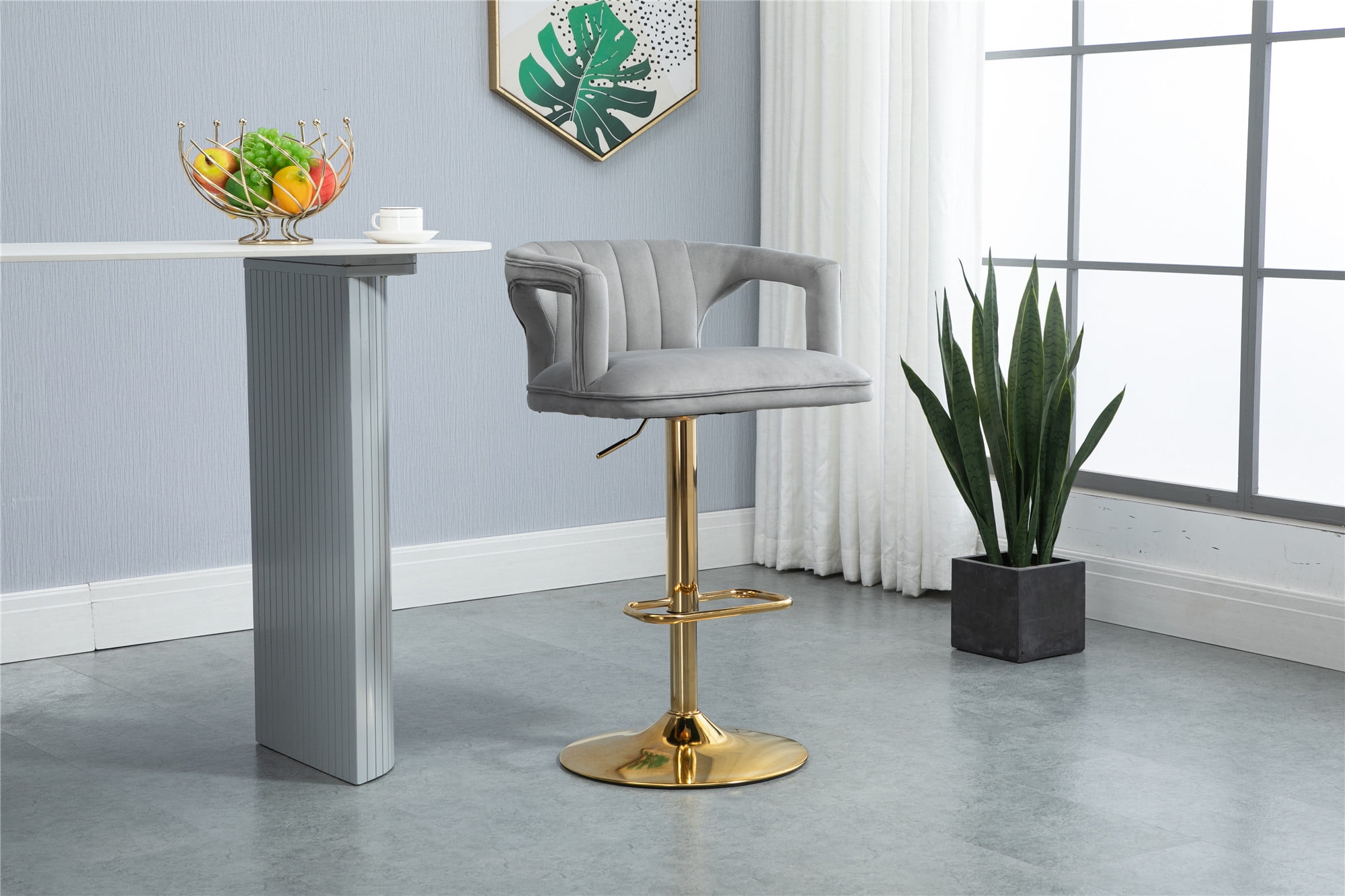 Velvet Bar Stool Chair,Height Adjustable Swivel Barstool with Footrest,Counter Height Chair with