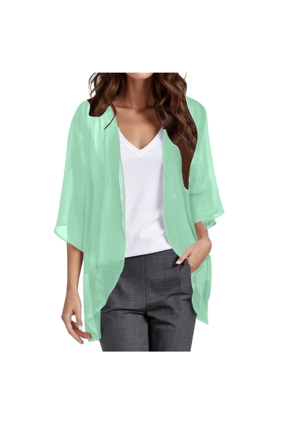Cardigan For Womens Solid Elegant Puff Sleeve Chiffon Cardigan Loose Cover Up Casual Blouse Tops XXXXL Mint Green
