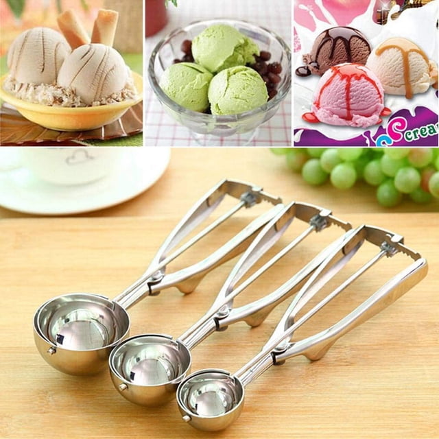 3 PCS Ice Cream Spoon Set, Cookie Scoop Set, Fruit Melon Scoop Stainless Steel Spoon Scoopers with Spring Handle Masher, Perfect Size for Cookies,Meatballs, Baking, Ice Cream