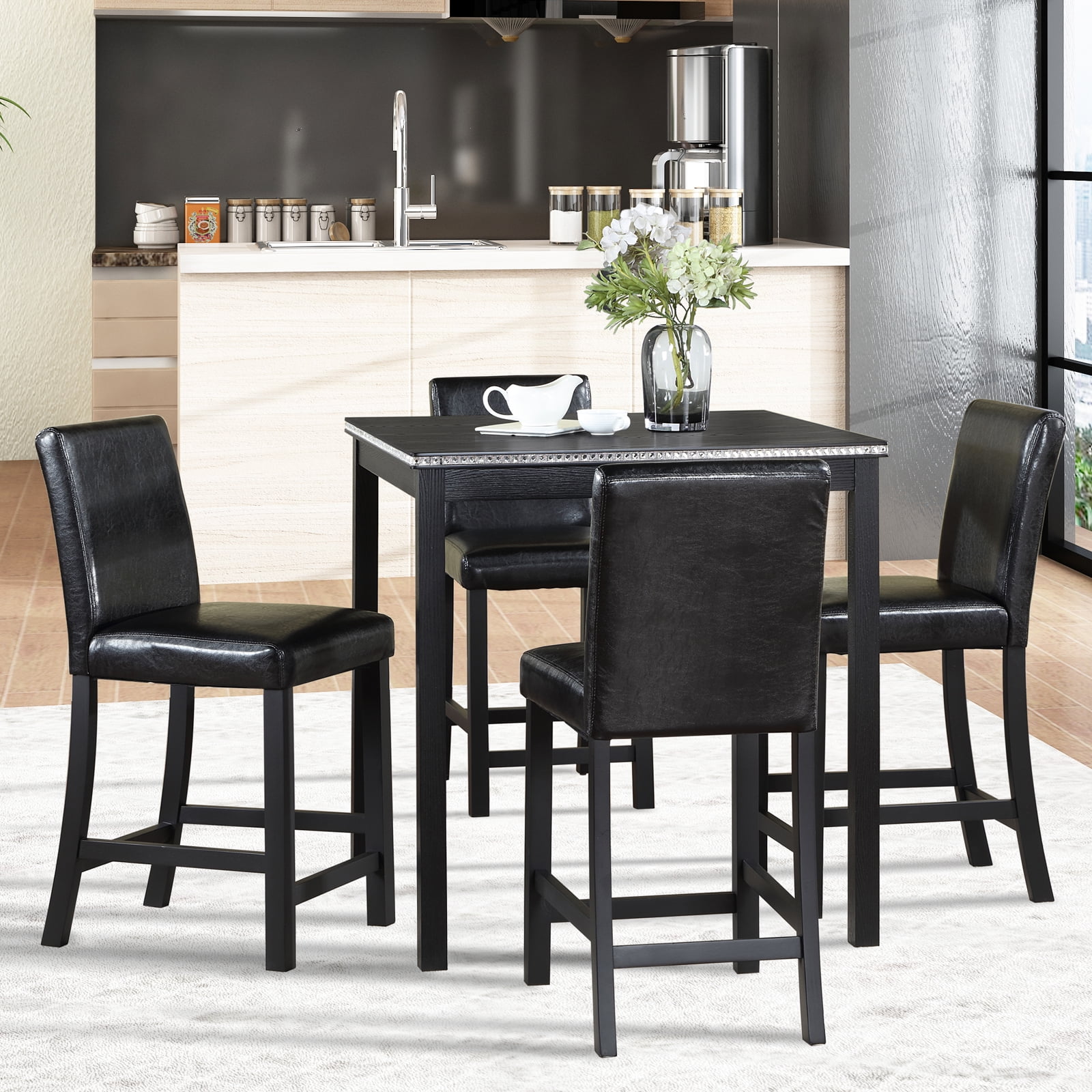 Gewnee Modern 5 Piece Dining Table Set,Counter Height Dining Table with Crystal Decoration and 4 PU Upholstered Chairs for Kitchen,Dining Room,Black
