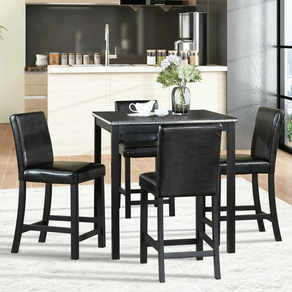 MAYEERTY 5 Piece Counter Height Table Set, Wooden Kitchen Table Set with Square Table and 4 Upholstered Chairs, Counter Height Dining Table with Crystal Decoration Chair Set,Black