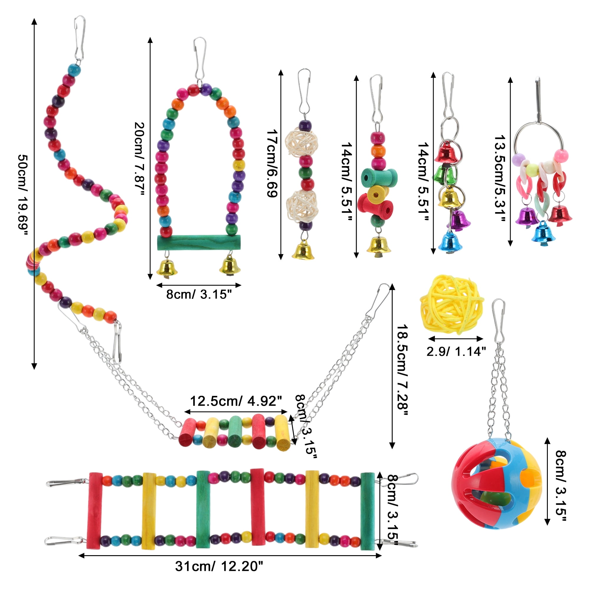 Unique Bargains Cockatiel Toys, Bird Parrot Swing, Chewing Toy Set Pet Birds Toys for Parakeet Conures Finches 15 Pcs Multifunctional Hanging Bell Climbing Ladders