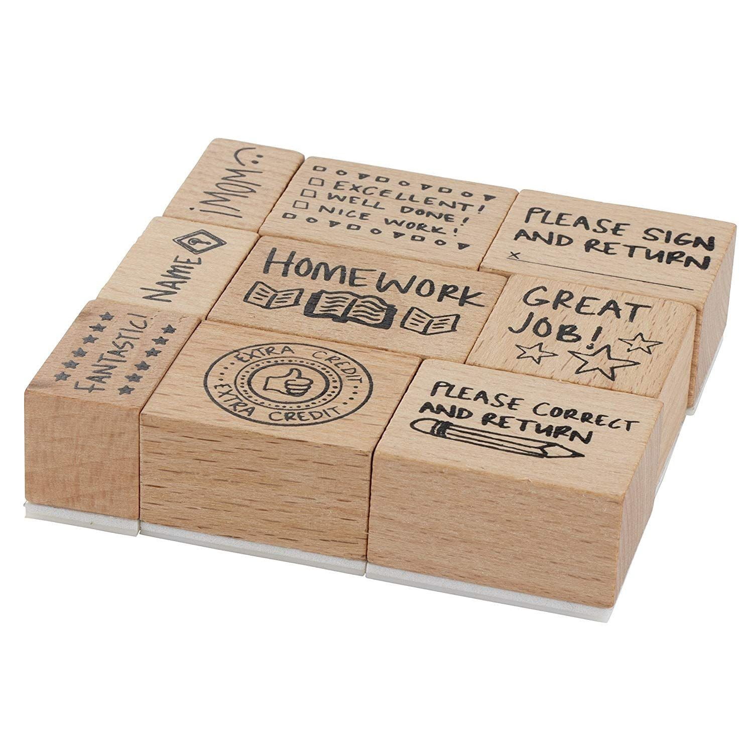 Stamp Set for Teachers School Supply Encouragement Classroom Supply 9-Piece Wood Mounted Rubber Stamps Paper Grading Stamps for Teachers Notes