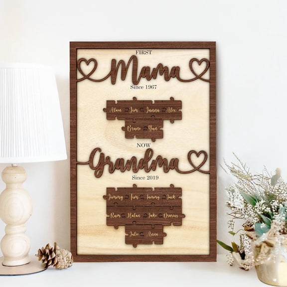 Personalized First Mom Now Grandma Wooden Puzzle Sign, Custom Family Name Frame, Mother’s Day & Grandma Gift, Wooden Keepsake Décor