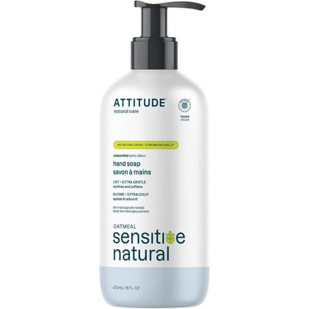 ATTITUDE Hand Soap for Sensitive Skin with Oat, Made in Canada, EWG Verified, Dermatologically Tested, Vegan, Extra Gentle, Unscented, 473 mL