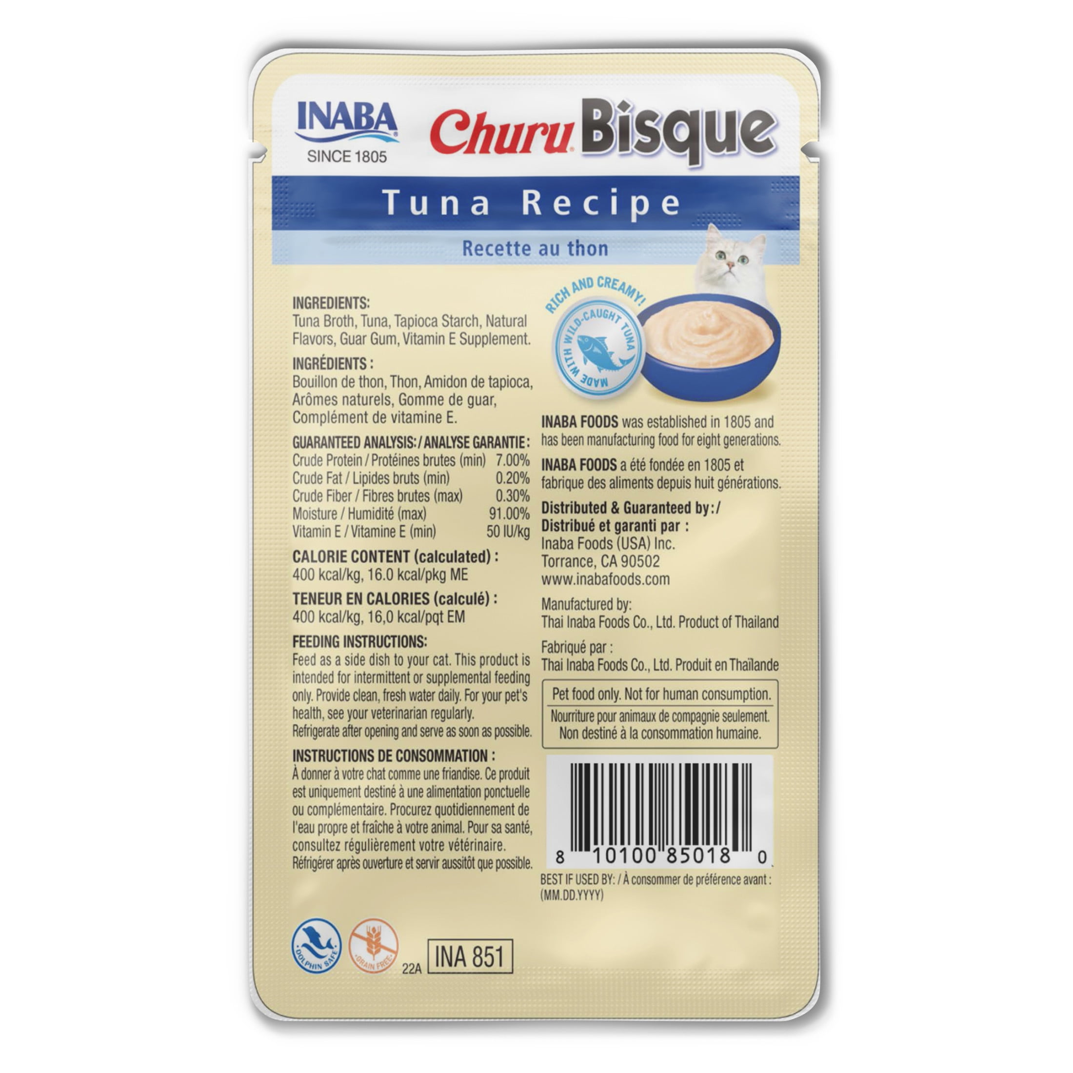 Inaba Churu Bisque Lickable Wet Cat Topper, 1.4 oz Pouch, 12 Pouches, Tuna