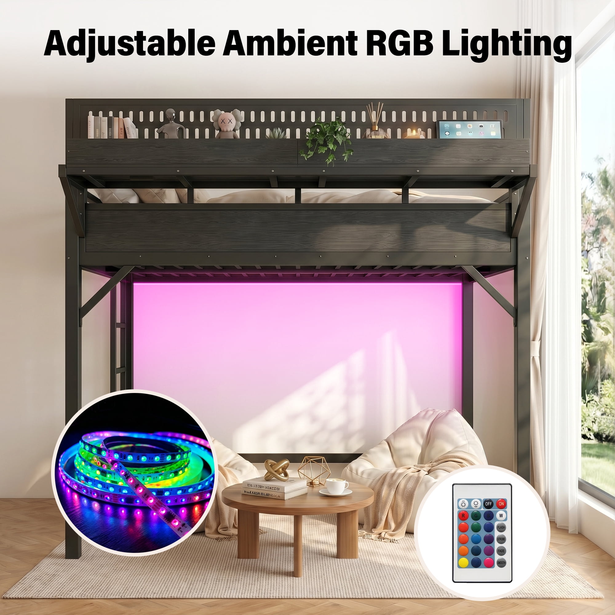 Aukfa Full Size Metal Loft Bed with USB Charging Ports, LED Lights & Bedside Shelves, Space-Saving Bed Frame for Kids & Adults, Black