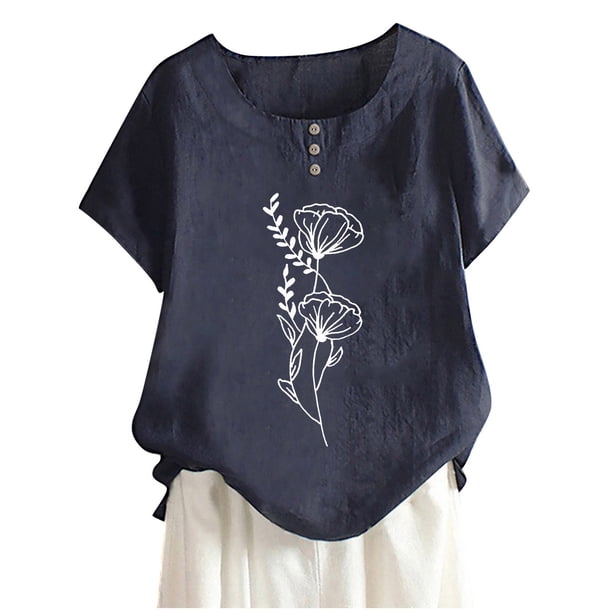 Camisas de Manga Corta para las Mujeres, Blusa de Botón de Impresión Casual con Cuello Redondo Hecha de Tela Suave Transpirable para Verano Primavera, Blusas de Manga Corta para las Mujeres
