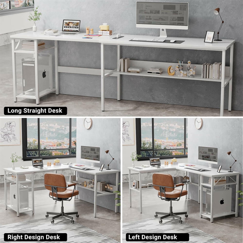 iSunirm Home Office L Shaped Desk with Magic Power Outlets and USB Charging Ports, 50.4"D x 42.5"W x 29"H, Storage Shelves, Reversible L Shaped Desk, Suitable for Students & Adults, White