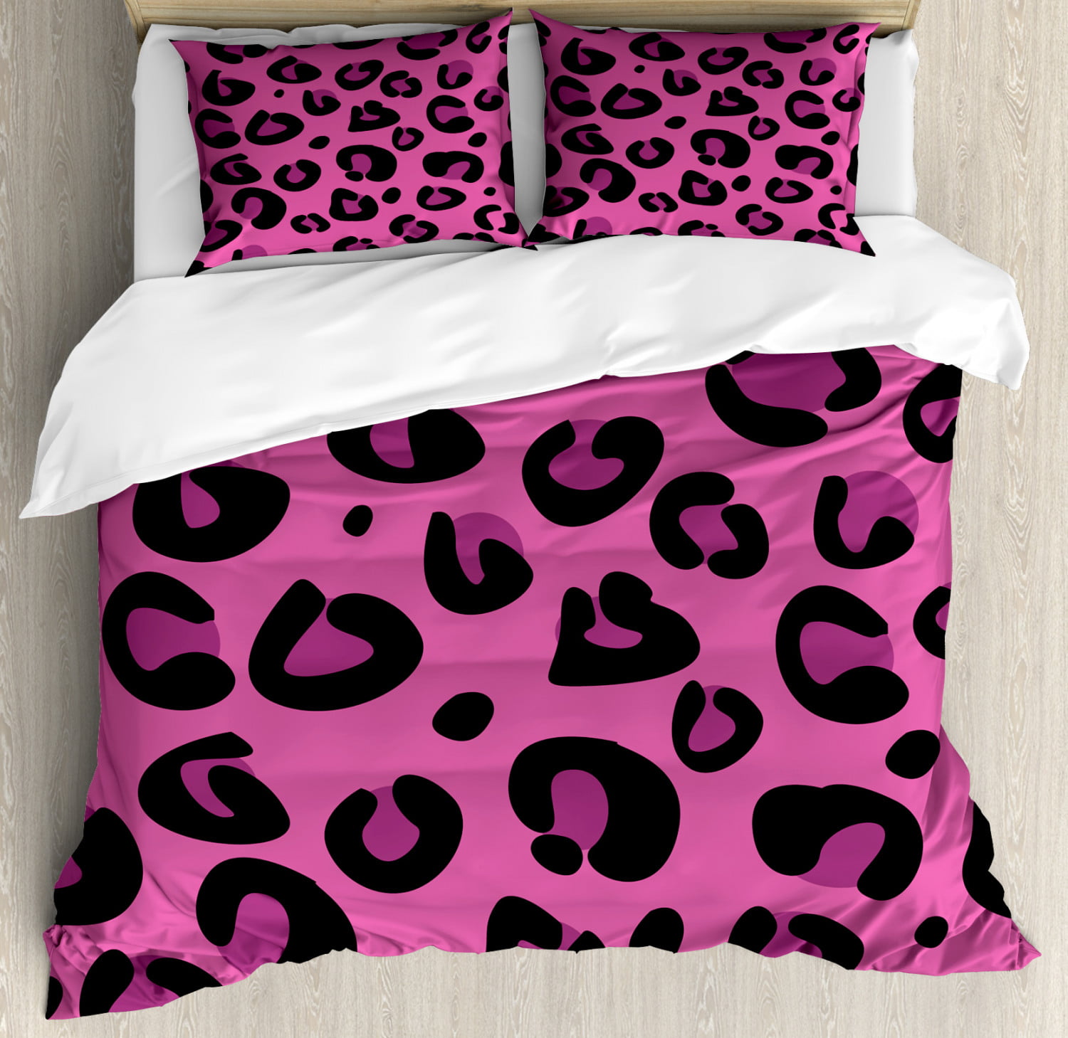 Hot Pink Duvet Cover Set Queen Size, Leopard Duvet Cover